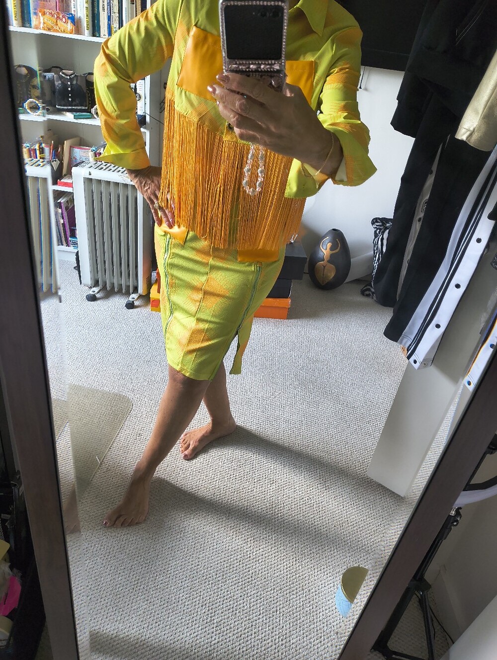 Vintage SHEIN X...Yellow-Green Fringe Pencil Skirt - Women